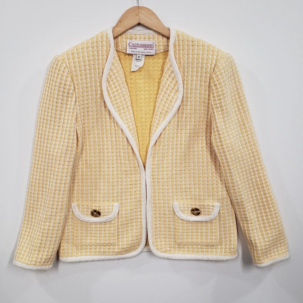 Vintage Castleberry Womens Yellow Woven Tweed Jacket Skirt Set Size 12 Old Money - Picture 3 of 11